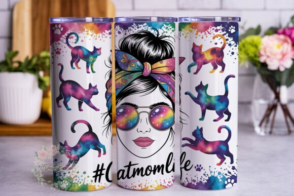 Cat Mom Life Splatter Galaxy Skinny PNG: A Stellar Tumbler Wrap Graphic for Creative Branding